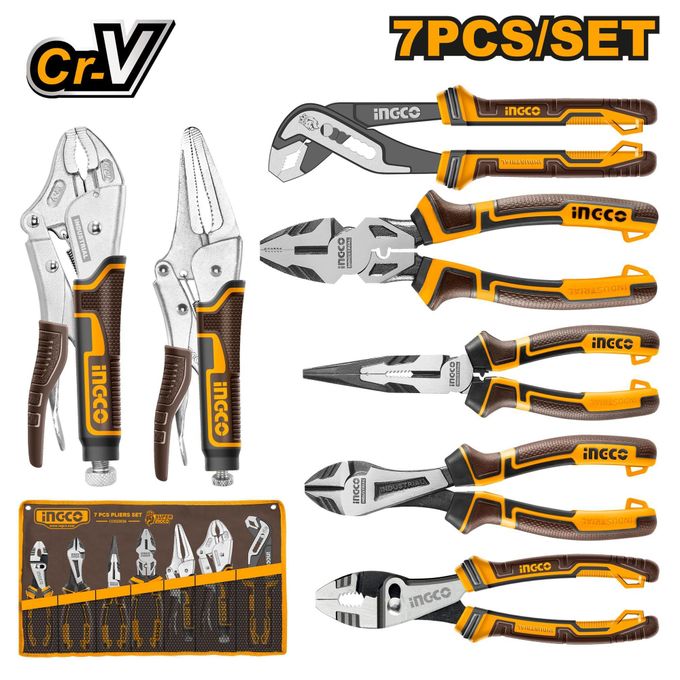 Ingco Pliers Set 7PCS Heavy Duty Premium Quality Combination Pliers, Diagonal Cutting Pliers, Long Nose Pliers, Water Pump Pliers, Vise Grip Locking Pliers, Slip Joint Pliers