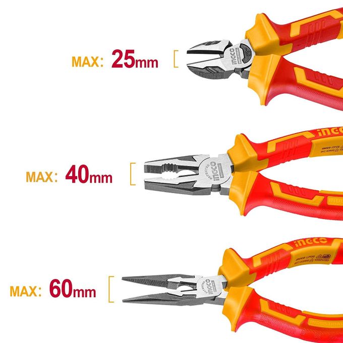 Ingco Insulated Pliers Set 3Pcs INDUSTRIAL - Combination Pliers, Diagonal Pliers, Long Nose Pliers PREMIUM Insulated Heavy Duty Pliers